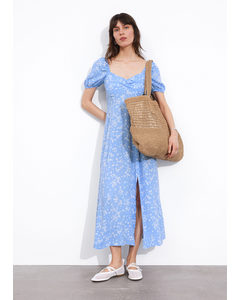Flowy Puff Sleeve Midi Dress Light Blue Floral Print