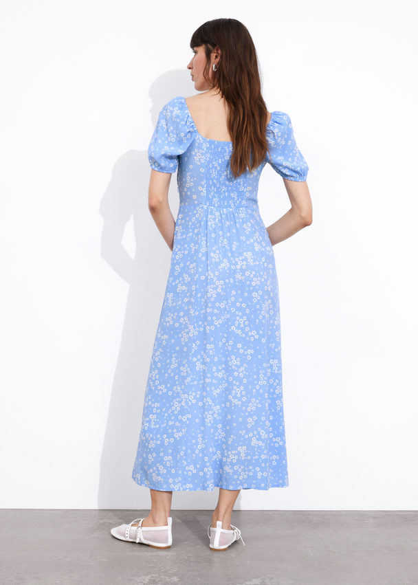 & Other Stories Flowy Puff Sleeve Midi Dress Light Blue Floral Print