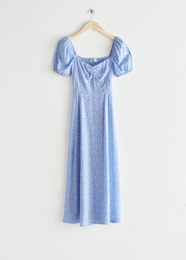& Other Stories Flowy Puff Sleeve Midi Dress Blue Florals