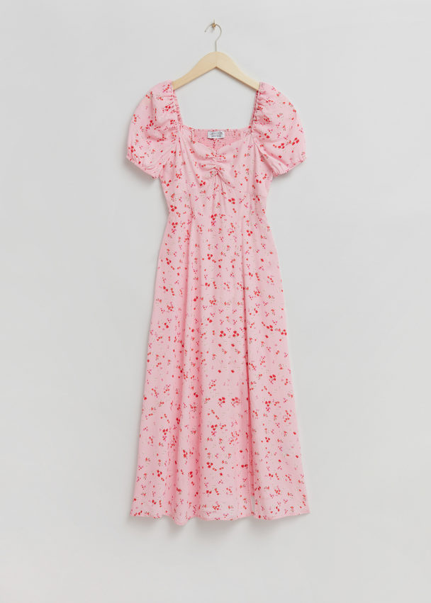 & Other Stories Soepel Vallende Midi-jurk Met Pofmouwen Lichtroze Bloemenprint