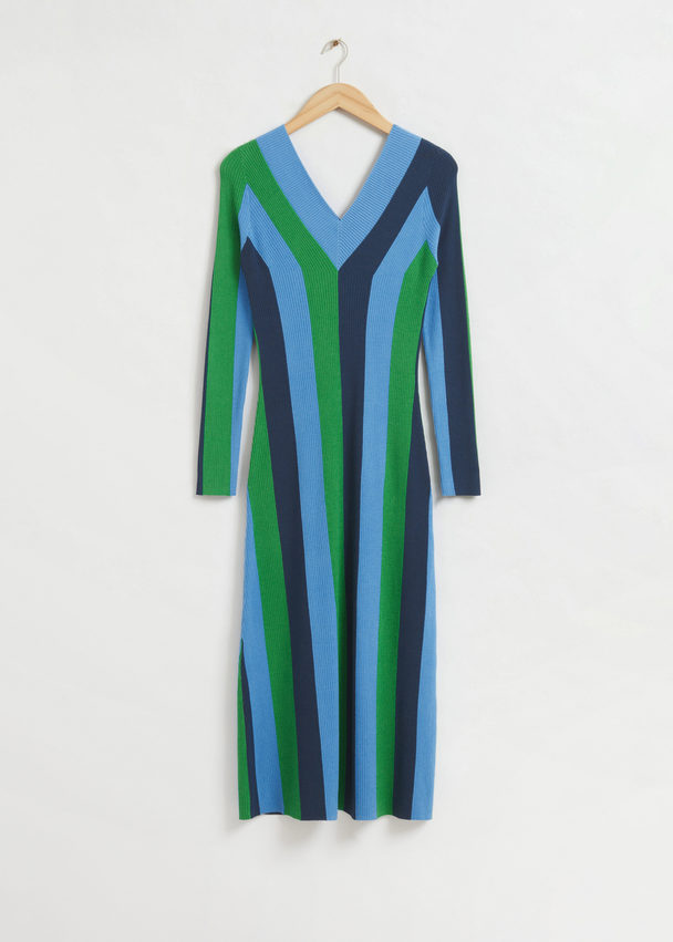 & Other Stories Fitted V-neck Knitted Dress Striped Multi-coloured
