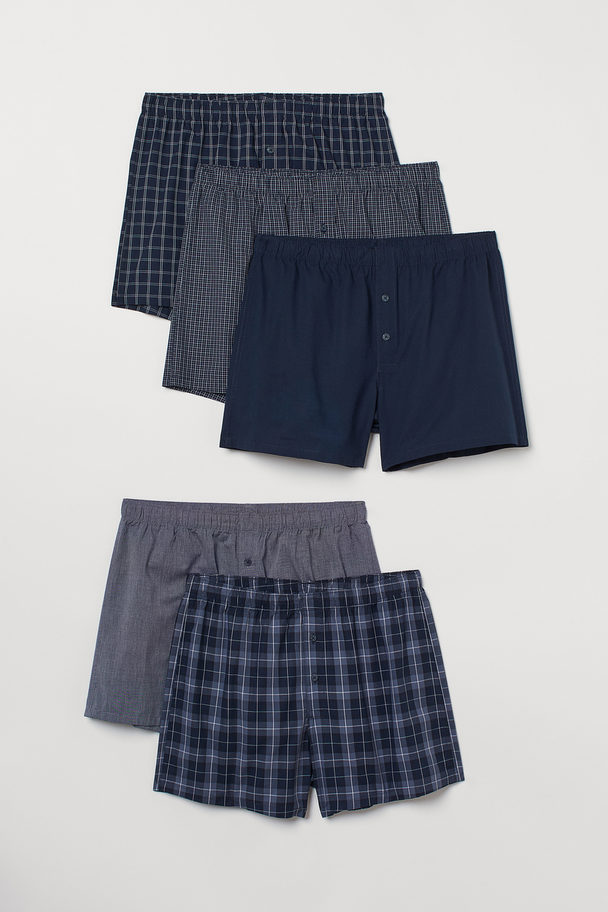 H&M 5-pack Woven Cotton Boxer Shorts Dark Blue/checked