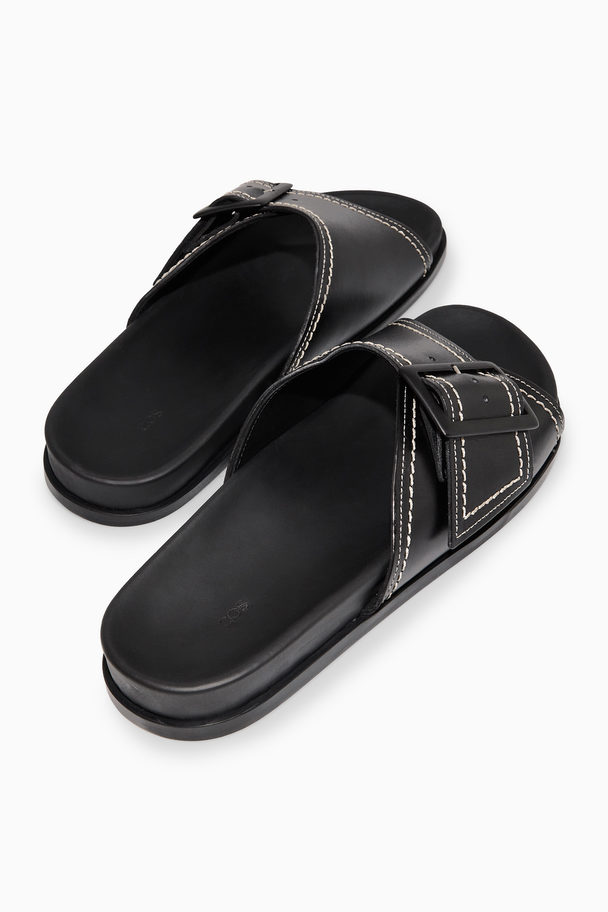 COS Contrast-stitch Buckled Leather Slides Black / White