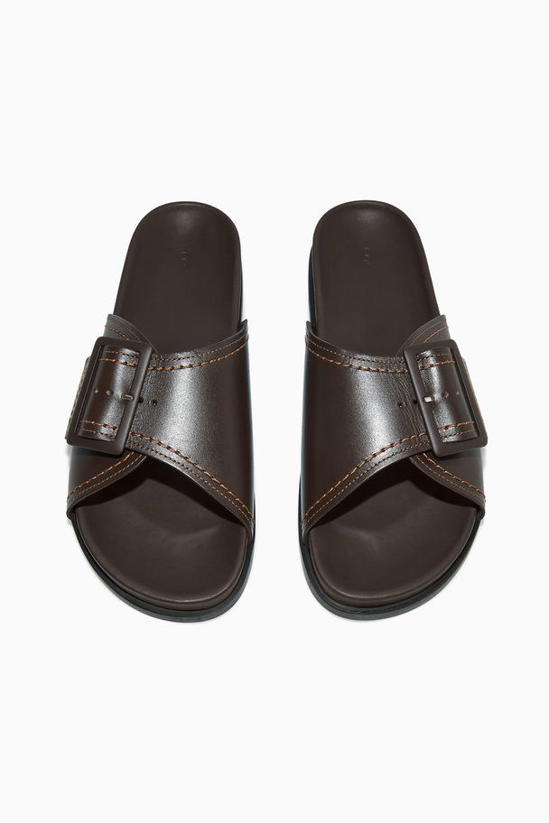 COS Contrast-stitch Buckled Leather Slides Brown
