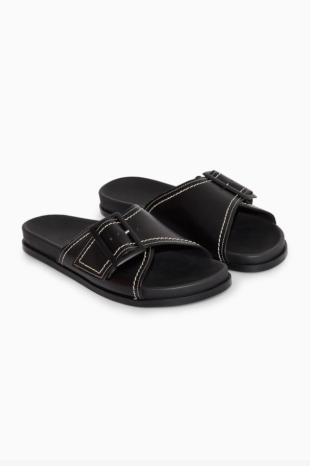 COS Contrast-stitch Buckled Leather Slides Black / White