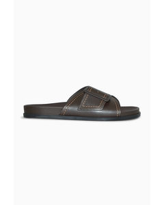 Contrast-stitch Buckled Leather Slides Brown