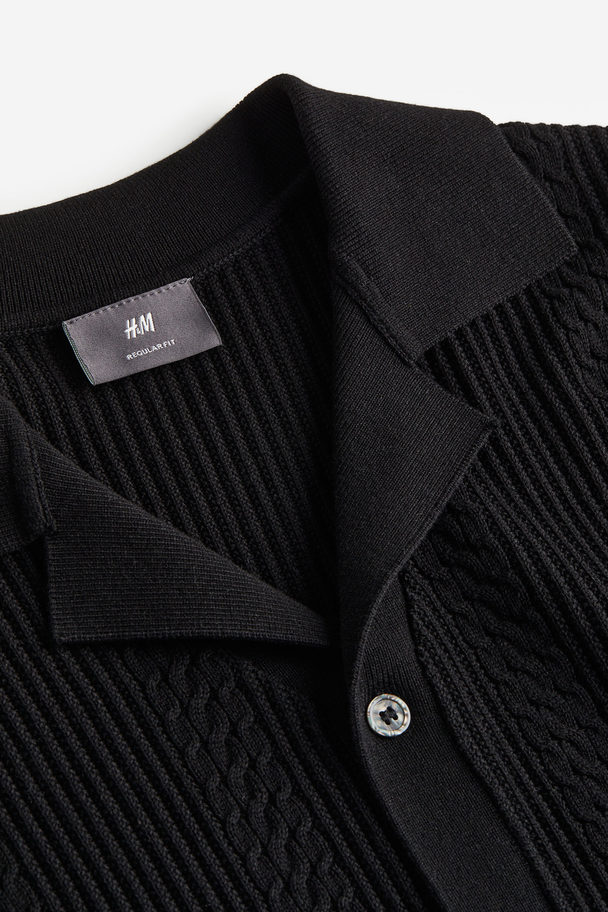 H&M Strukturstrikket Kortærmet Skjorte Regular Fit Sort
