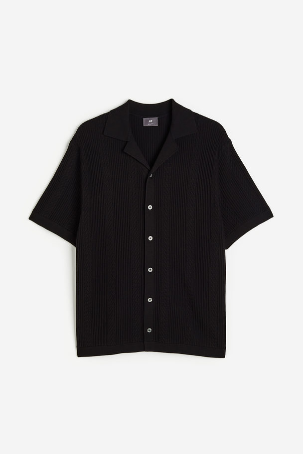 H&M Regular Fit Textured-knit Resort Shirt Black