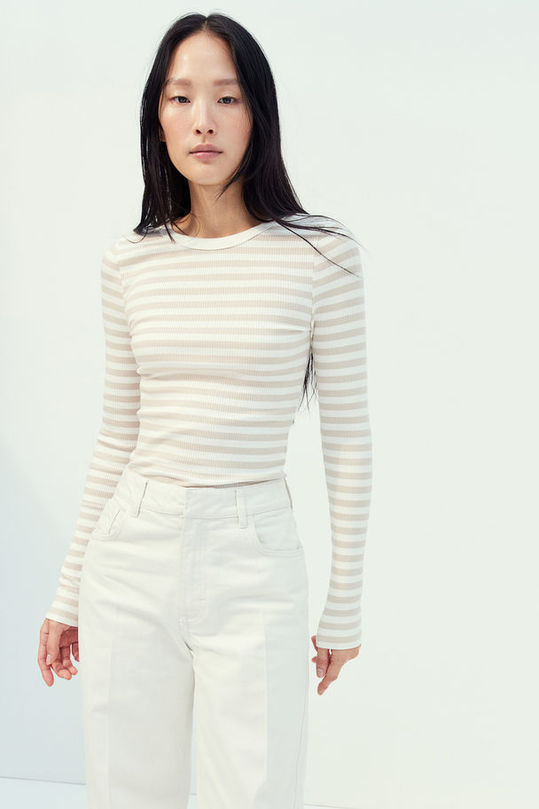 H&M Ribbed Jersey Top White/beige Striped