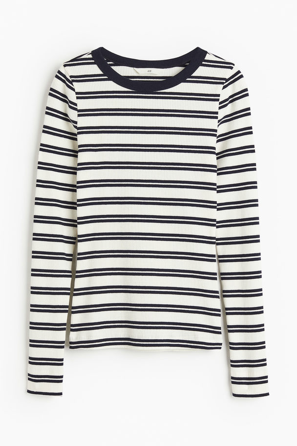 H&M Ribbed Jersey Top White/blue Striped