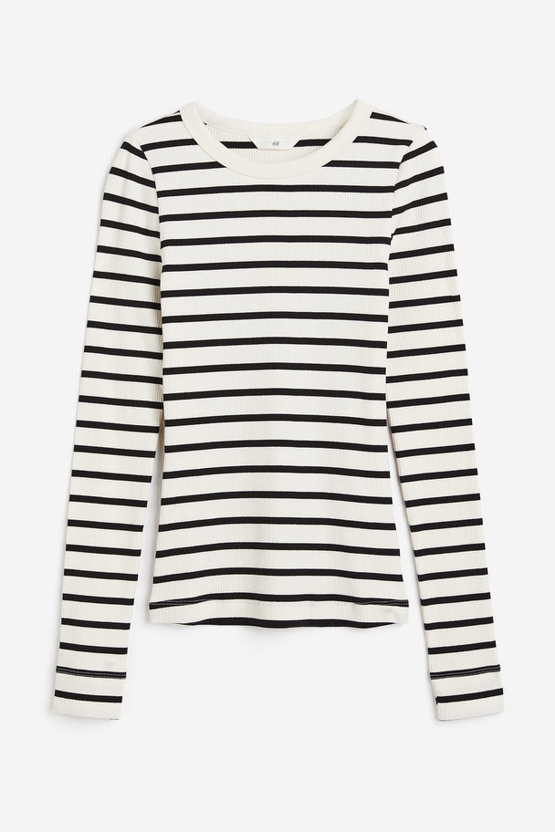 H&M Ribbed Jersey Top White/striped