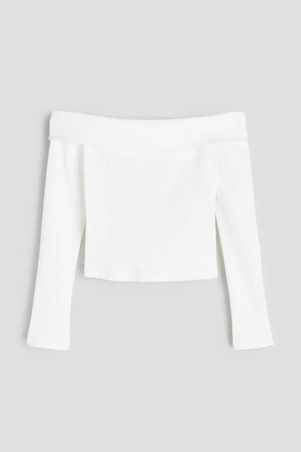 H&M Geripptes Off-Shoulder-Shirt Weiß