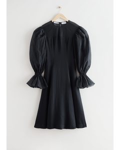 Organza Sleeve Silk Midi Dress Black