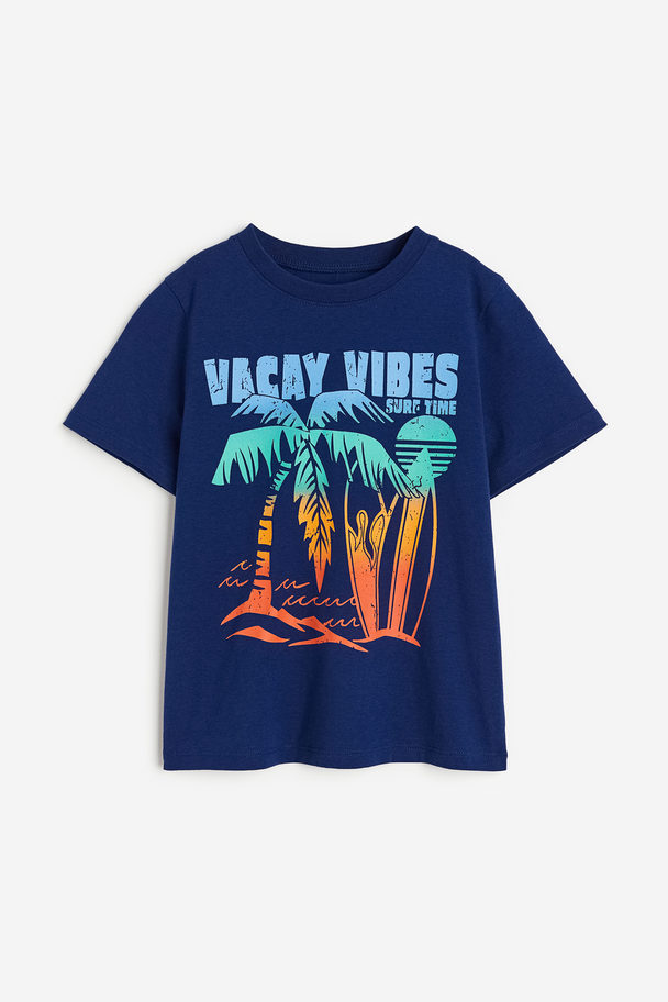 H&M T-Shirt aus Baumwolle Dunkelblau/Vacay Vibes