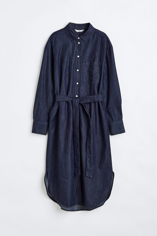 H&M Blusenkleid aus Denim mit Bindegürtel Dunkelblau
