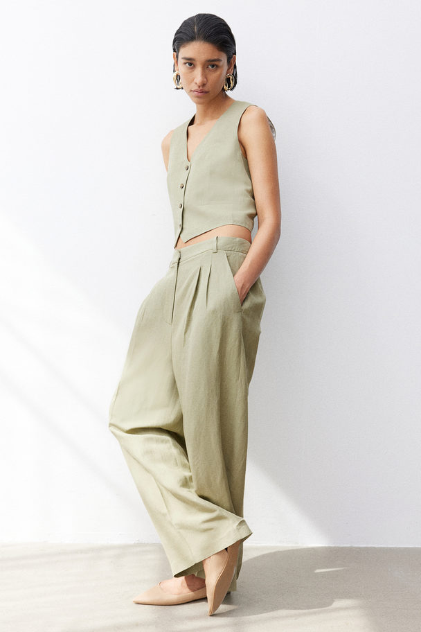 H&M Tailored Linen-blend Trousers Khaki Green