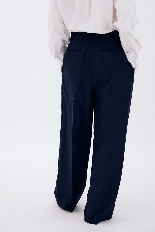 H&M Tailored Linen-blend Trousers Navy Blue