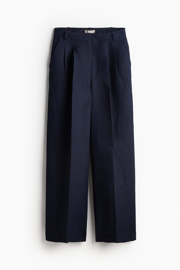 H&M Tailored Linen-blend Trousers Navy Blue