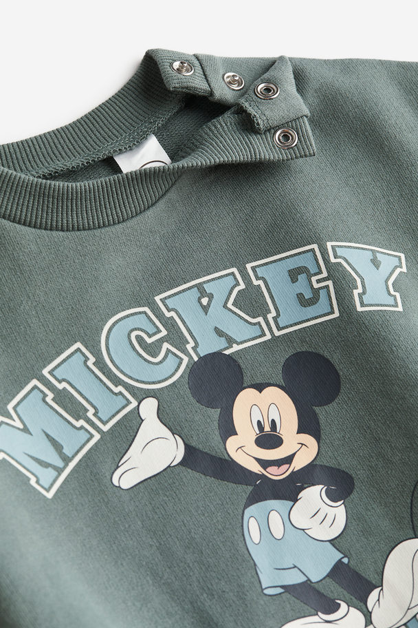 H&M 2-piece Sweatshirt And Joggers Set Green/mickey Mouse