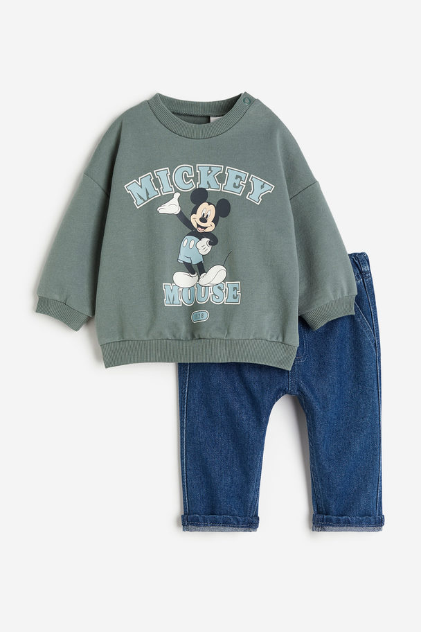 H&M 2-piece Sweatshirt And Joggers Set Green/mickey Mouse