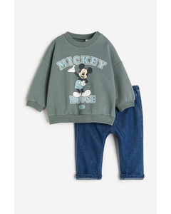 2-piece Sweatshirt And Joggers Set Green/mickey Mouse