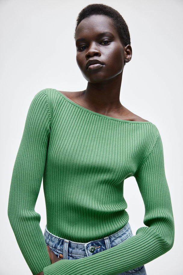 H&M Rib-knit Boat-neck Top Green