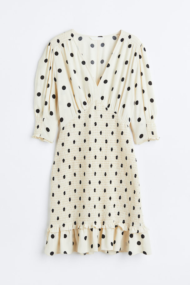 H&M Puff-sleeved Smocked Dress Light Beige/spotted