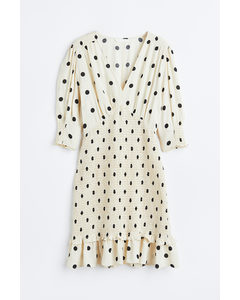 Puff-sleeved Smocked Dress Light Beige/spotted