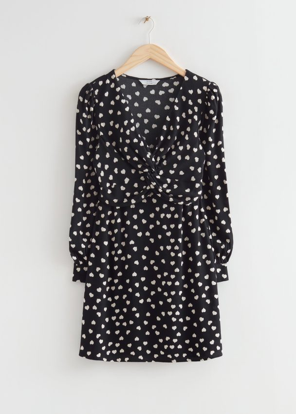 & Other Stories Twisted Front Print Mini Dress Black Spotted
