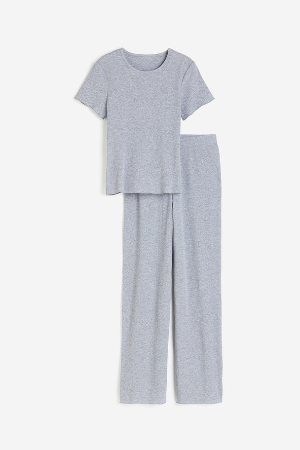 H&M Ribbed Pyjama Top And Bottoms Light Grey Marl