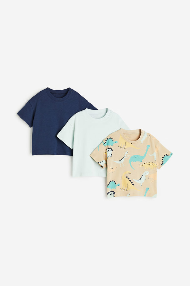 H&M 3er-Pack T-Shirts Beige/Dinosaurier