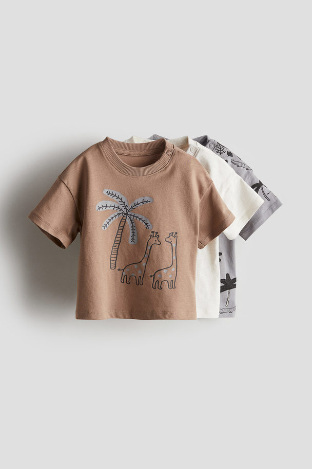 H&M 3er-Pack T-Shirts Hellgrau/Tiere