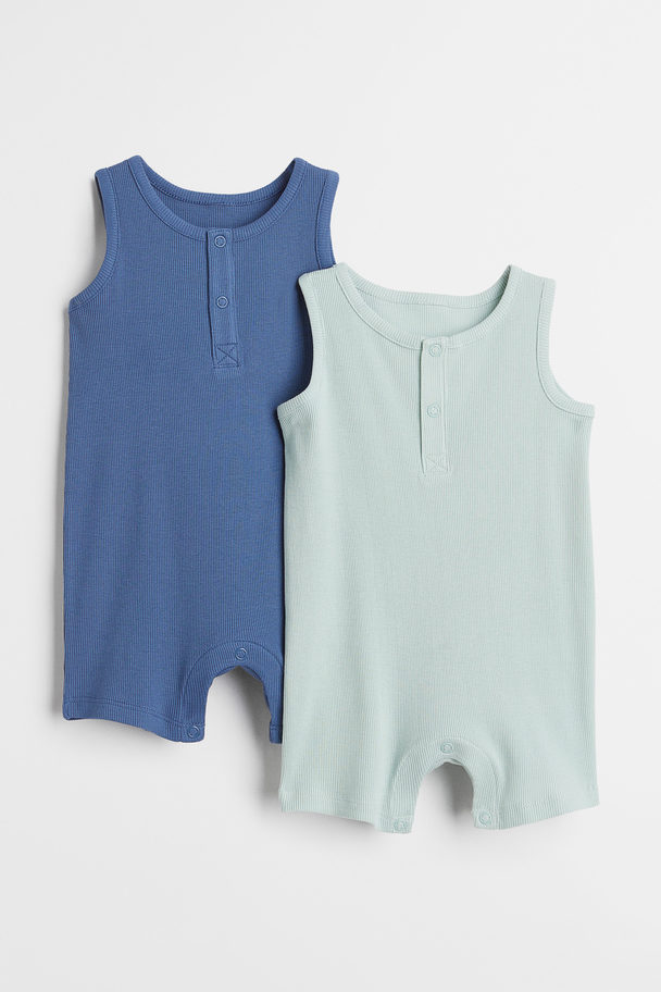 H&M 2-pack Sleeveless Cotton Romper Suits Blue/light Turquoise