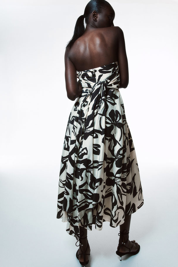 H&M Flared-skirt Bandeau Dress Cream/black Floral