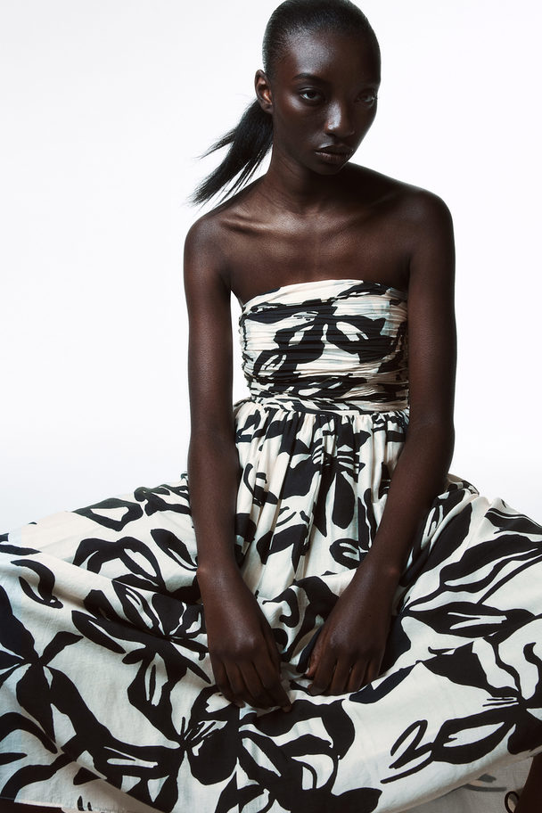 H&M Flared-skirt Bandeau Dress Cream/black Floral
