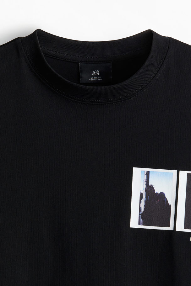 H&M Bedrucktes T-Shirt in Loose Fit Schwarz/Blue Forever