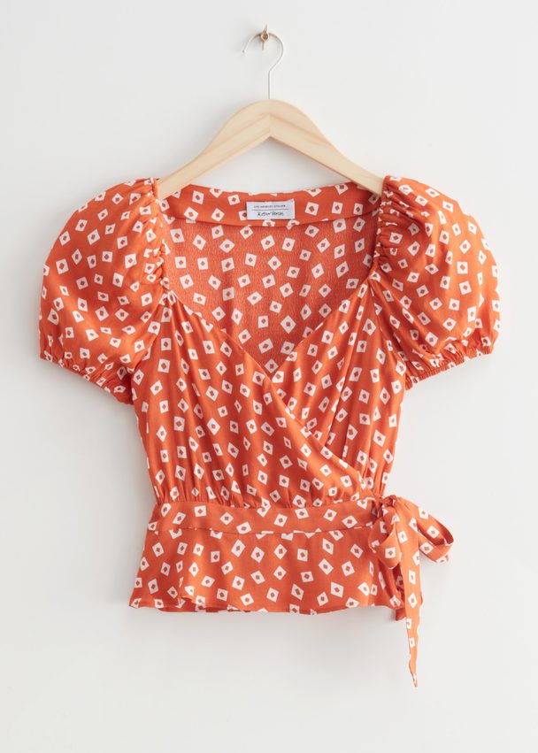 & Other Stories Puff Sleeve Wrap Blouse Orange Squares