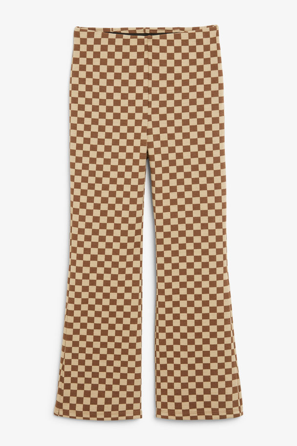 Monki Soft High Waist Trousers Beige & Brown Checkboard