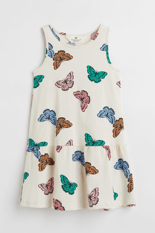 H&M Patterned Jersey Dress Light Beige/butterflies