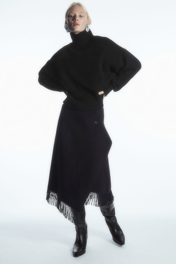 COS Fringed Wool Midi Wrap Skirt Dark Navy