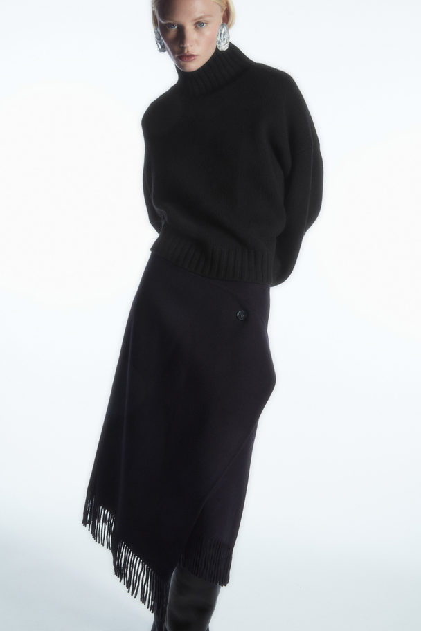 COS Fringed Wool Midi Wrap Skirt Dark Navy