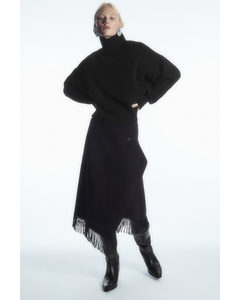 Fringed Wool Midi Wrap Skirt Dark Navy