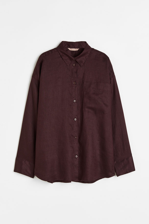 H&M Oversized Skjorte I Hørblanding Mørkebrun