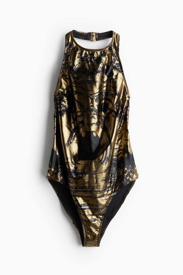 H&M Shimmering-print Halterneck Swimsuit Black/gold-coloured