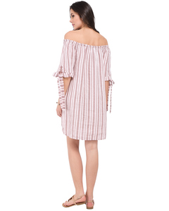 Short Stripped Dress With Boat Collar And Knotted Half-sleeves