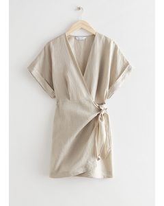 Linen Wrap Mini Dress Light Beige