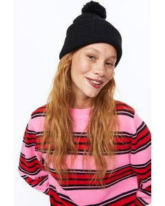 Rib-knit Pompom Hat Black