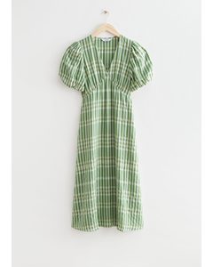 Printed Puff Sleeve Midi Dress Green Plaid
