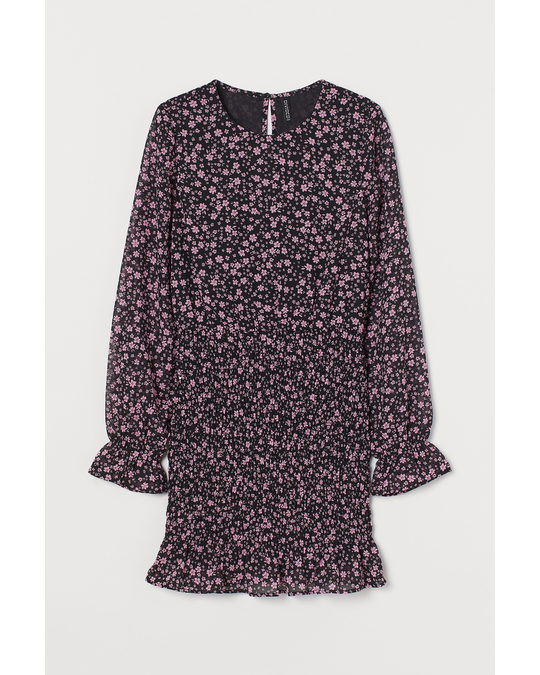 H&M Smocking-detail Dress Black/pink Floral
