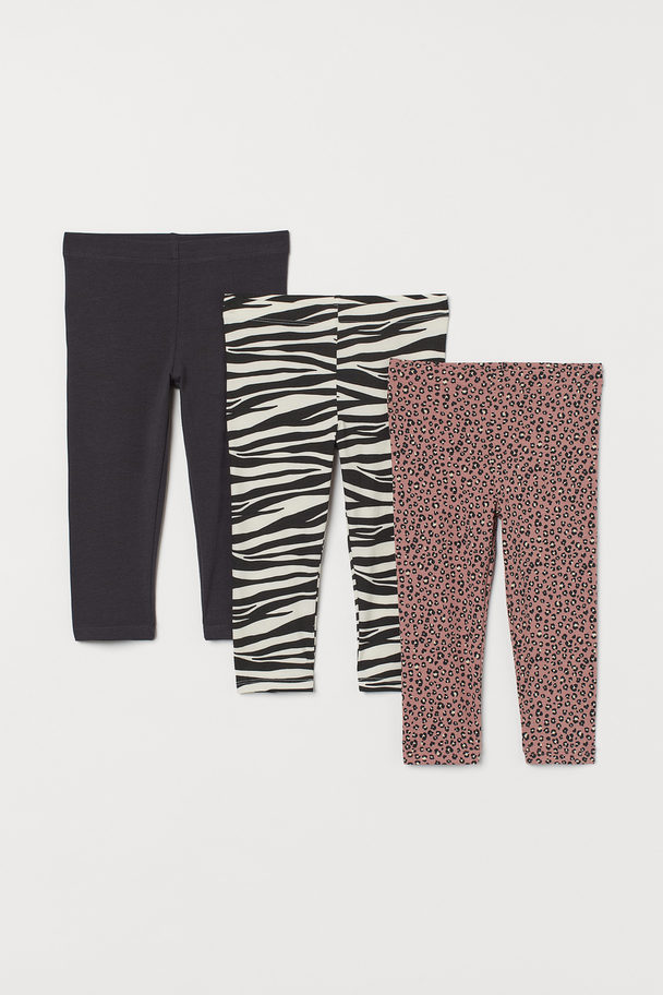 H&M 3-pack Capri Leggings Dark Grey/zebra Print